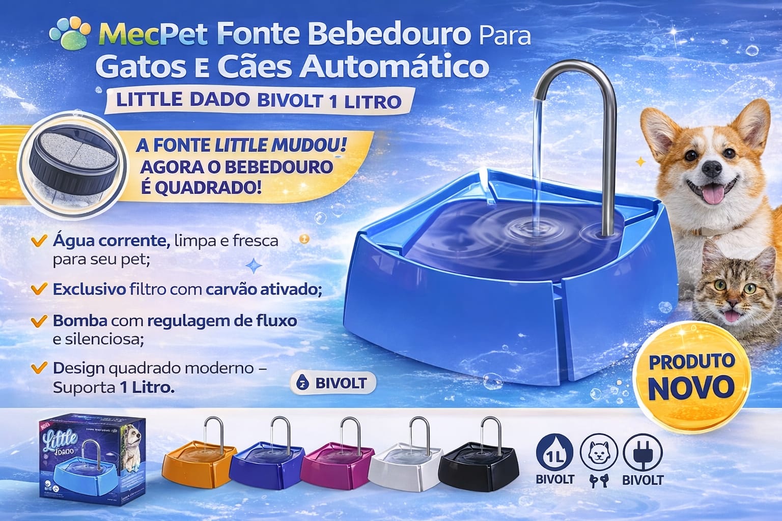 MecPet Fonte Bebedouro Para Gatos E Cães Automático Little Dado Bivolt 1 Litro Produto Novo